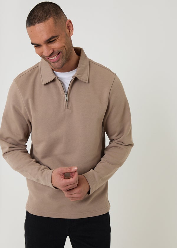 Threadbare Taupe Quarter Zip Long Sleeve Polo Sweatshirt - 2XL