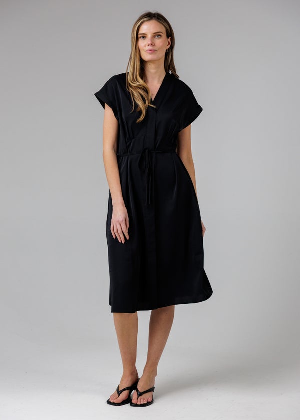 French Connection Black V-Neck Cap Sleeve Crepe Midi Dress - 16