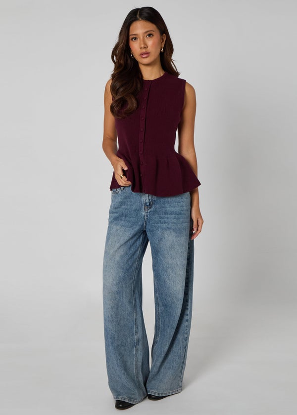 トップス Eaphi FLUFFY PEPLUM VEST Urban Bliss Plum Peplum Button Front Vest - L