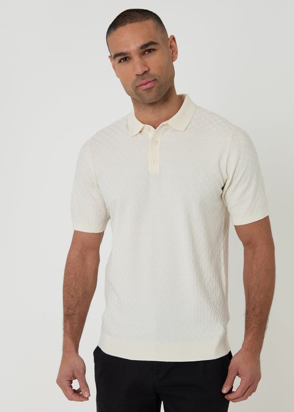 Threadbare Natural Basket Stitch Short Sleeve Knitted Polo - XL