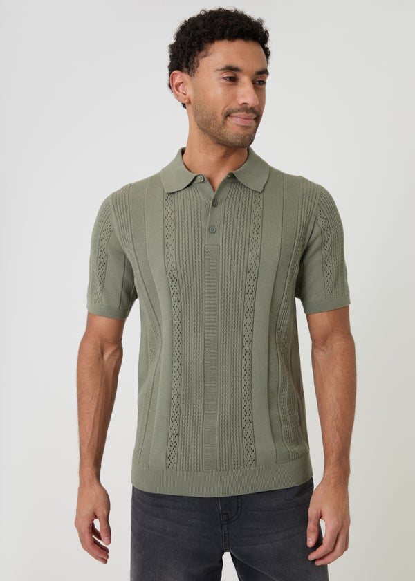 Threadbare Green Cotton Textured Stripe Knitted Polo - S | Matalan