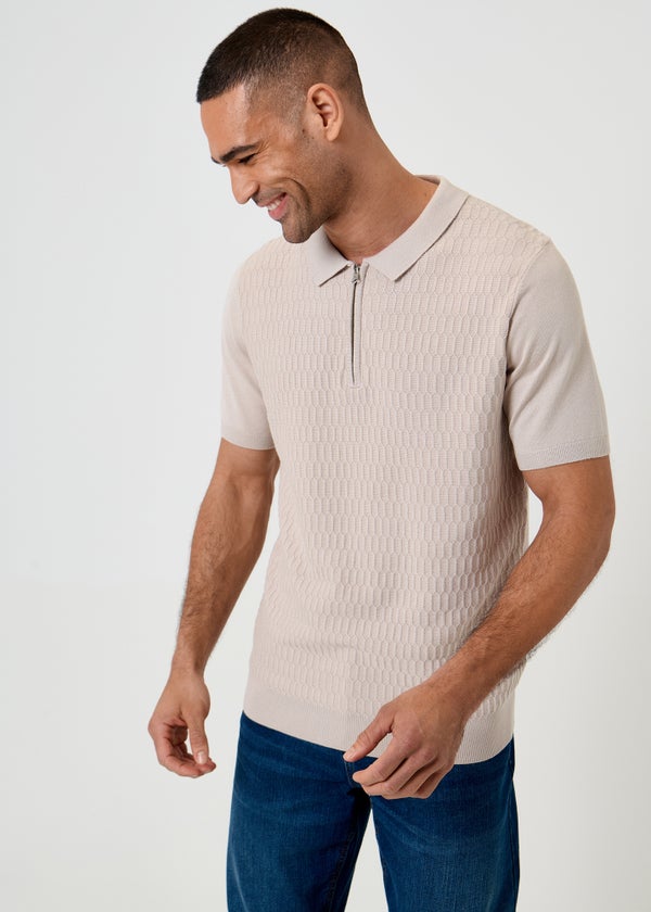 Threadbare Stone Textured Knit Quarter Zip Polo - 2XL