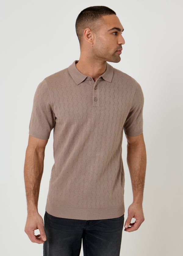 Threadbare Taupe Zig Zag Stitch Knitted Polo - XL | Matalan