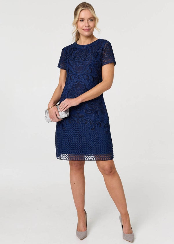 navy lace knee length dress Long Sleeves Knee Length Short Blue Lace Prom Dresses, Knee Length Lon jbydress