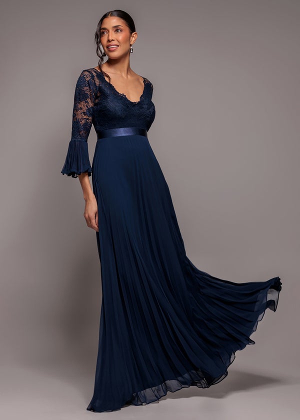 Goddiva Navy Scalloped Lace Bodice Pleated Chiffon A Line Maxi