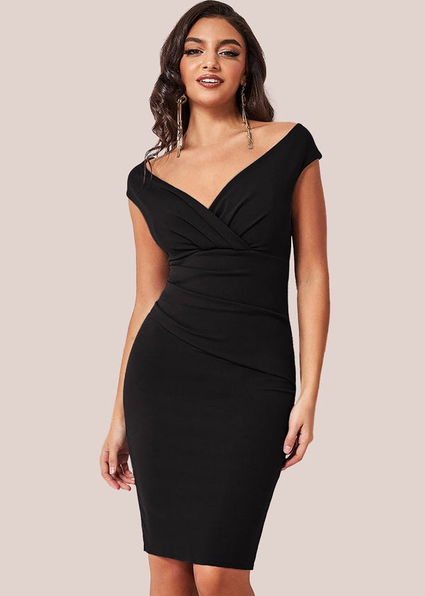 Goddiva Black Bardot Pleated Midi Dress - 10