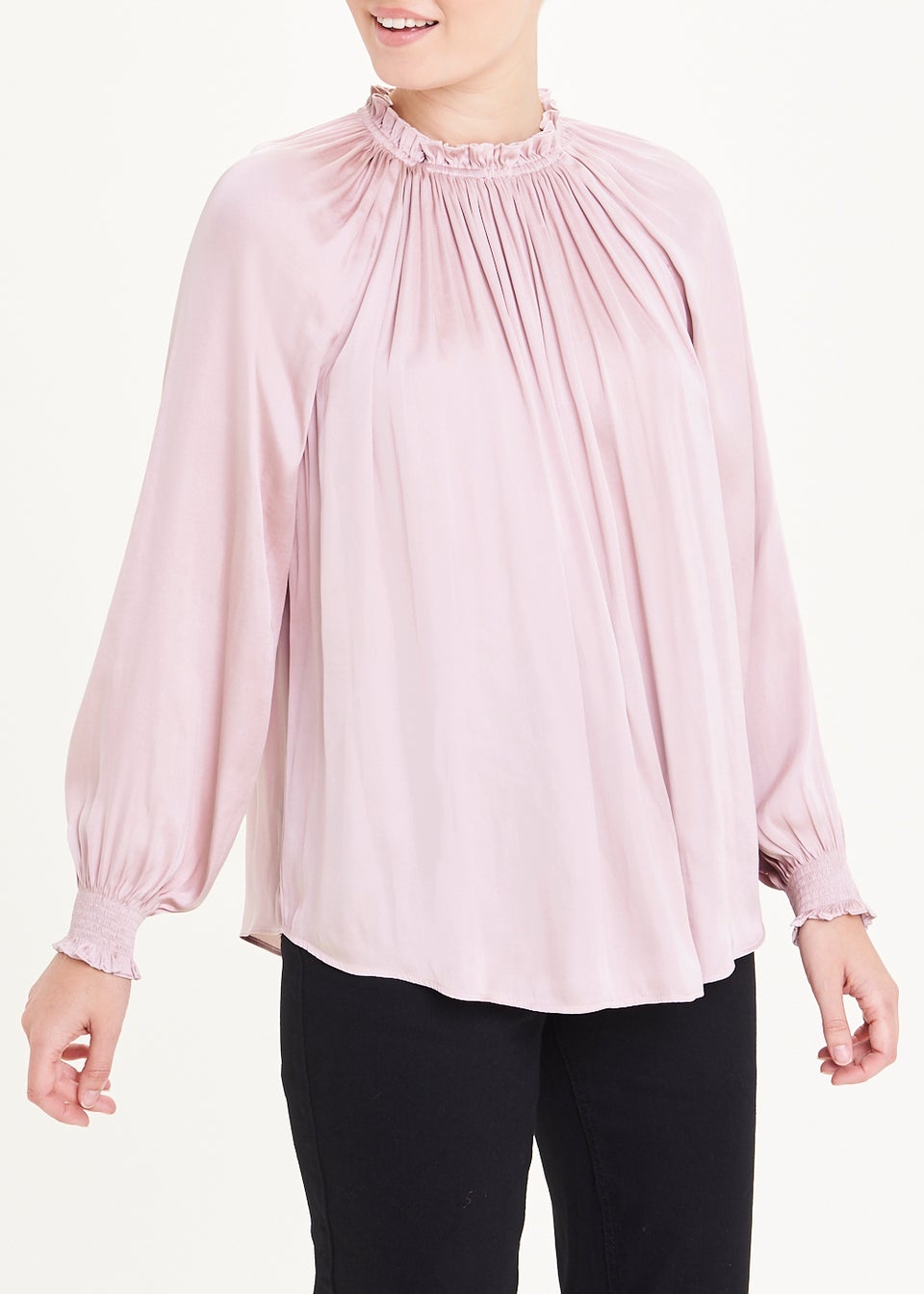 Pink Long Sleeve Gather Neck Satin Blouse