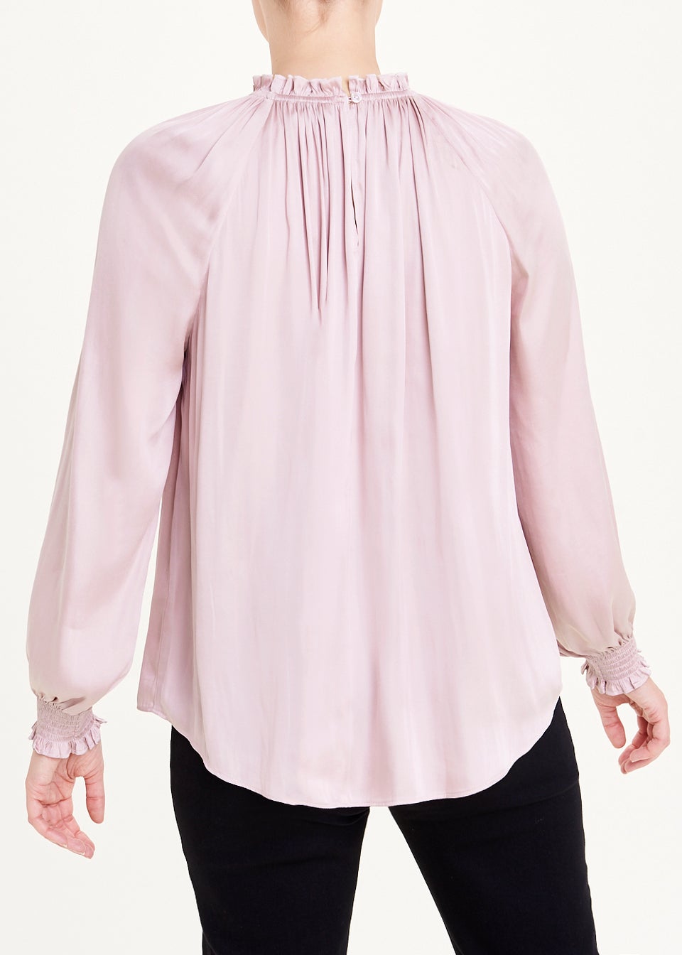 Pink Long Sleeve Gather Neck Satin Blouse
