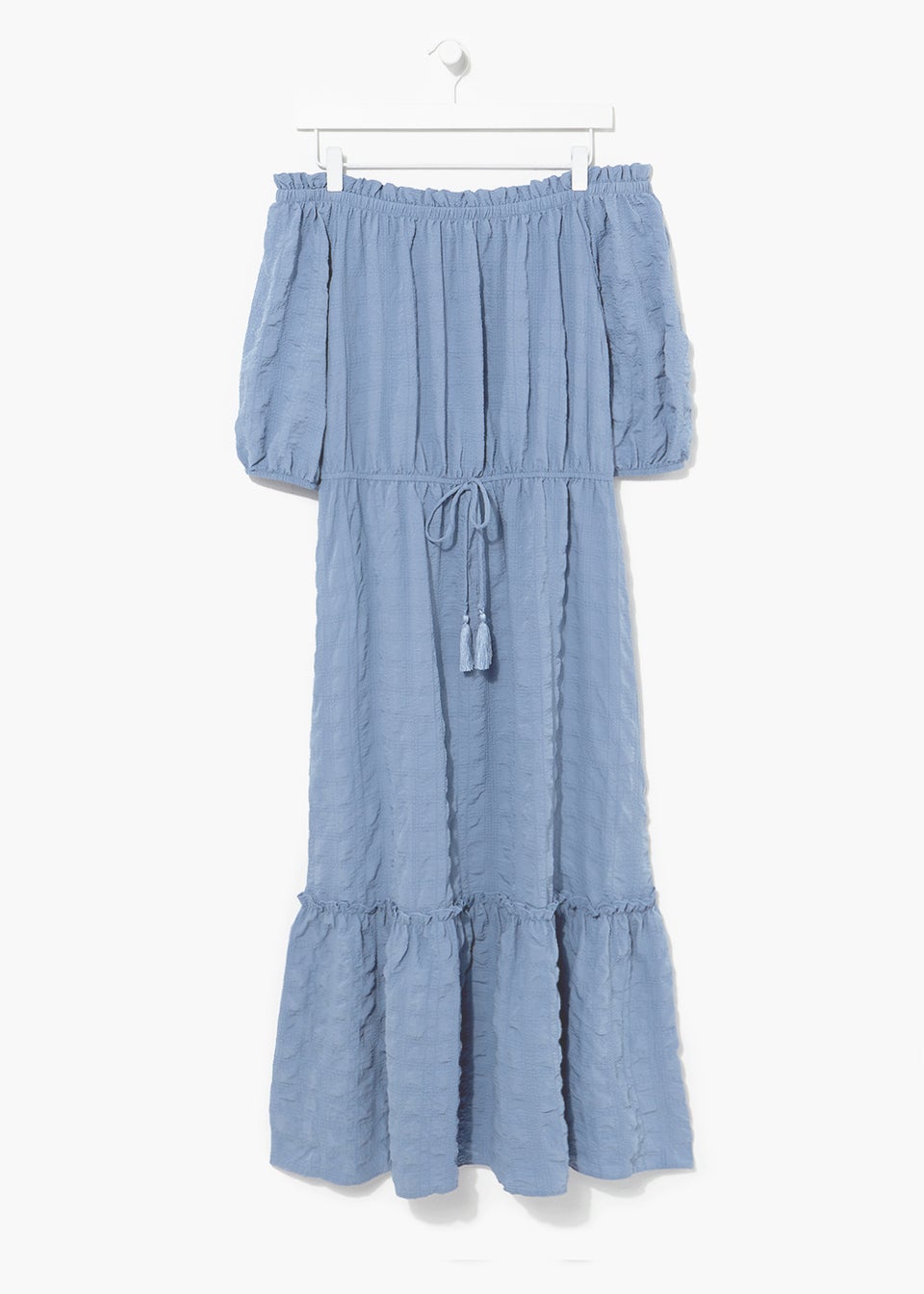 Blue Seersucker Bardot Midi Dress