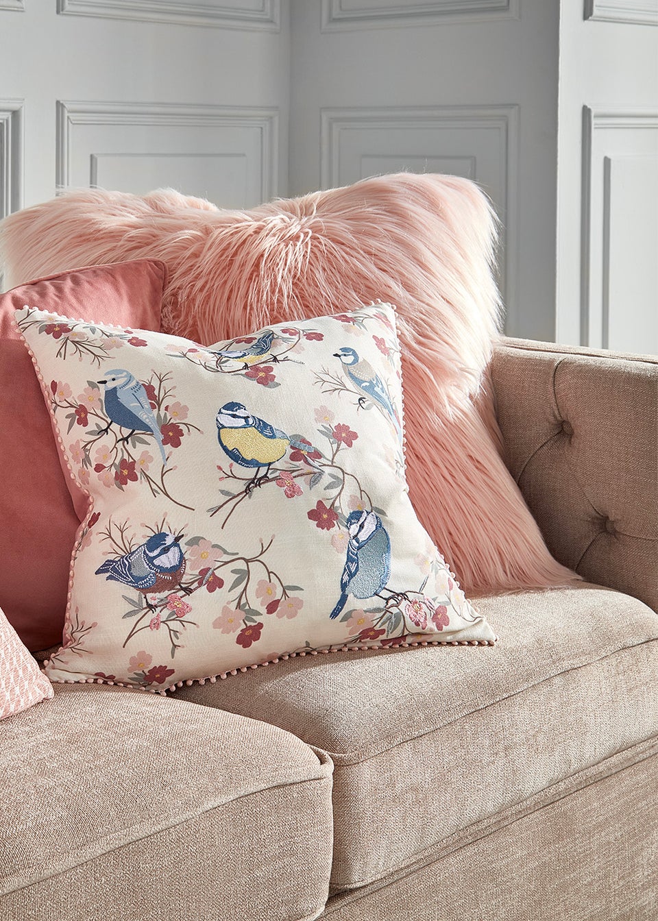 Pink Embroidered Birds Cushion (46cm x 46cm)