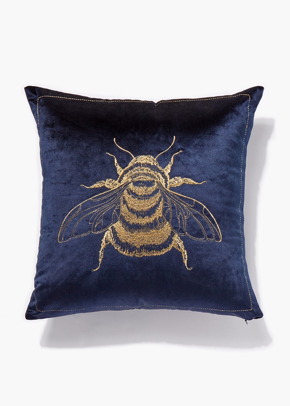 Navy Velvet Bee Embroidered Cushion (46cm x 46cm)