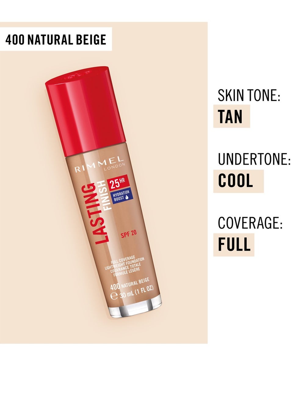 Rimmel London Lasting Finish 25Hr Foundation SPF20 - 400 Natural Beige (50ml)