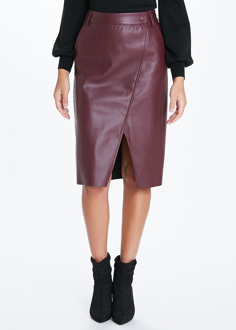 JDY Joanna Burgundy Faux Leather Midi Skirt