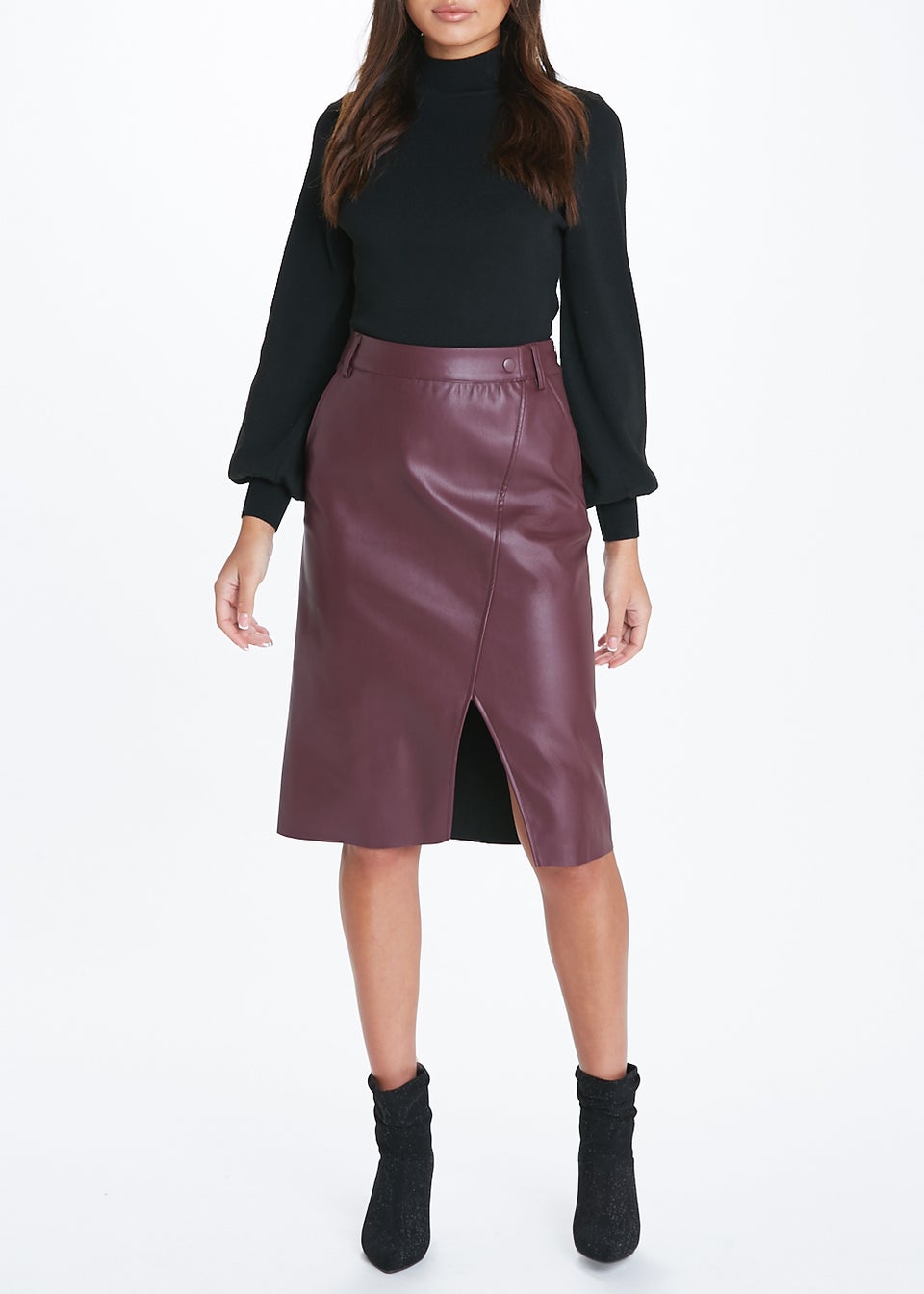 JDY Joanna Burgundy Faux Leather Midi Skirt