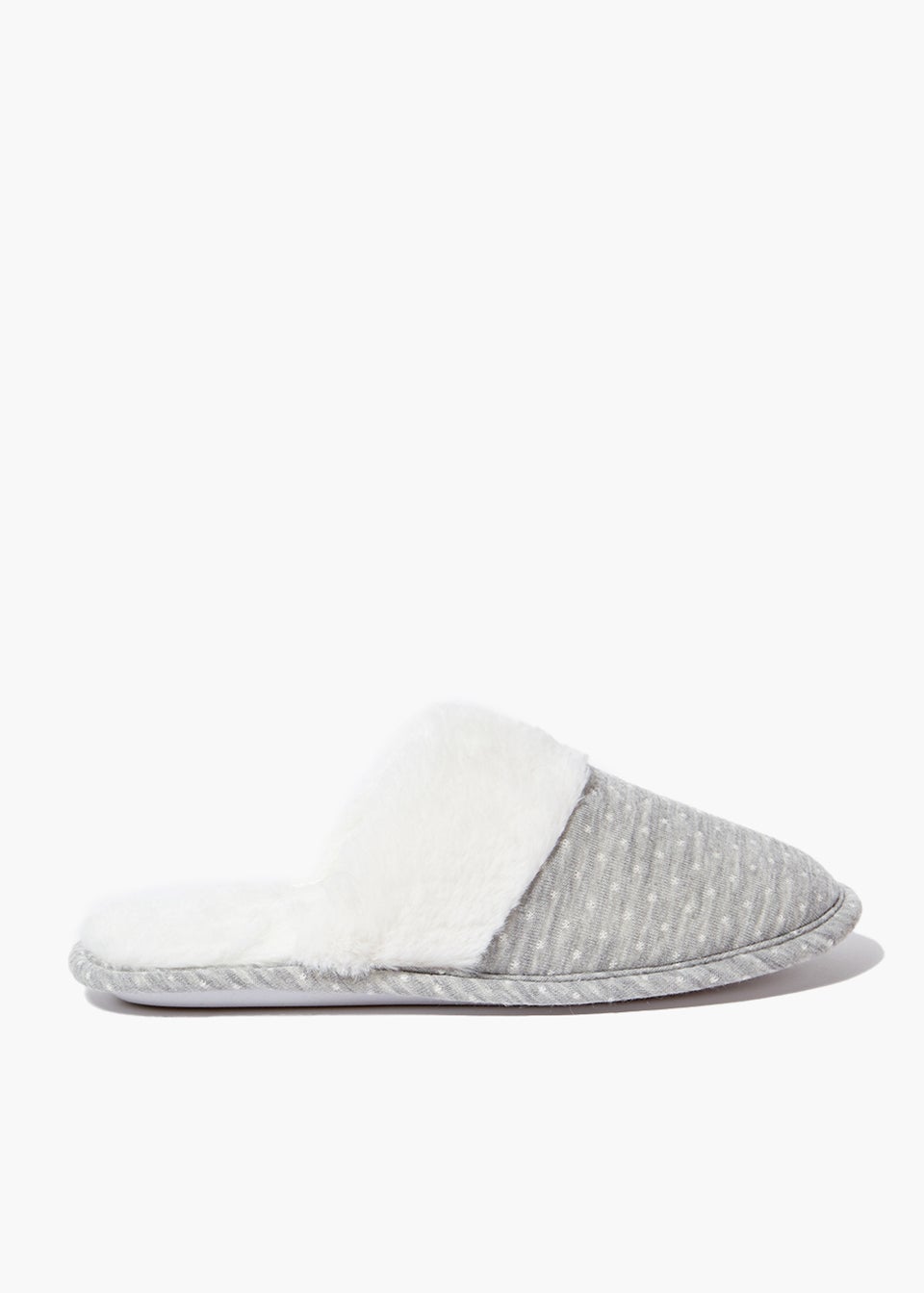 Grey Faux Fur Trim Mule Slippers
