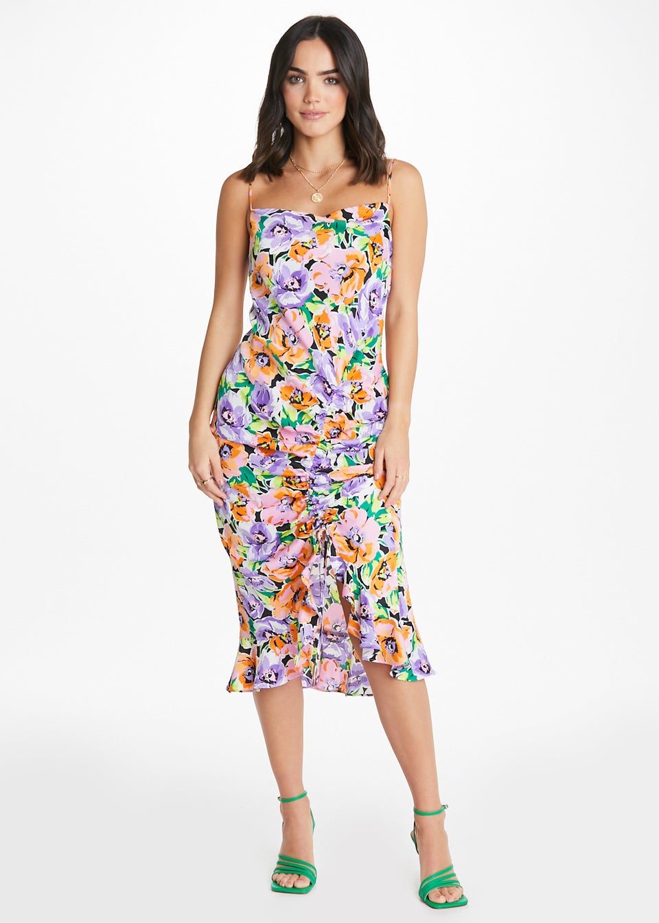 Be Beau Floral Ruched Cowl Neck Cami Dress