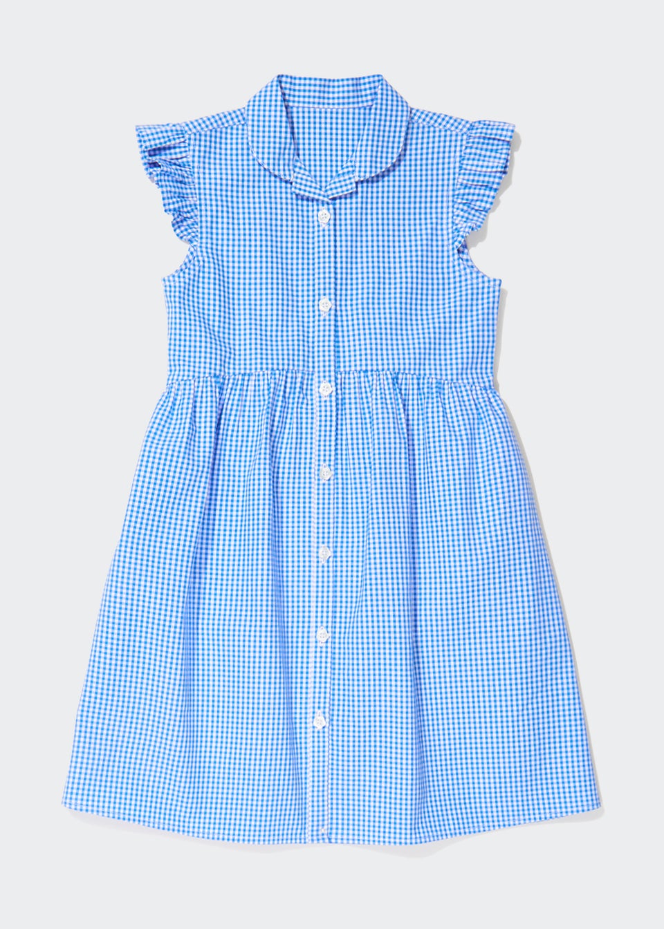 Girls Blue Gingham Frill Sleeve School Dress (3-14yrs)