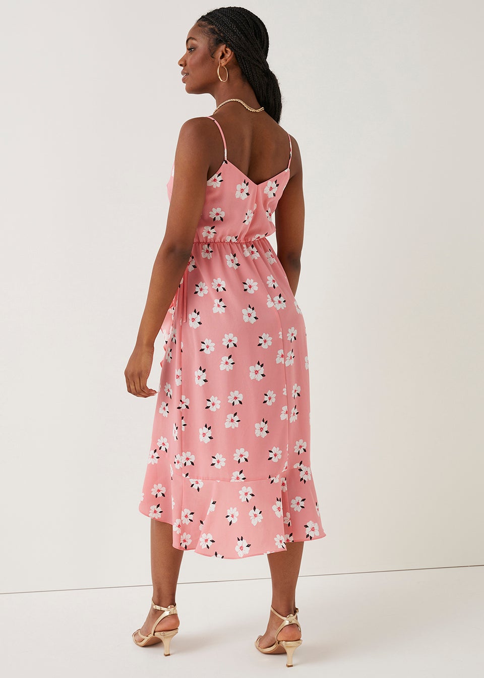 Be Beau Pink Floral Mock Wrap Midi Dress