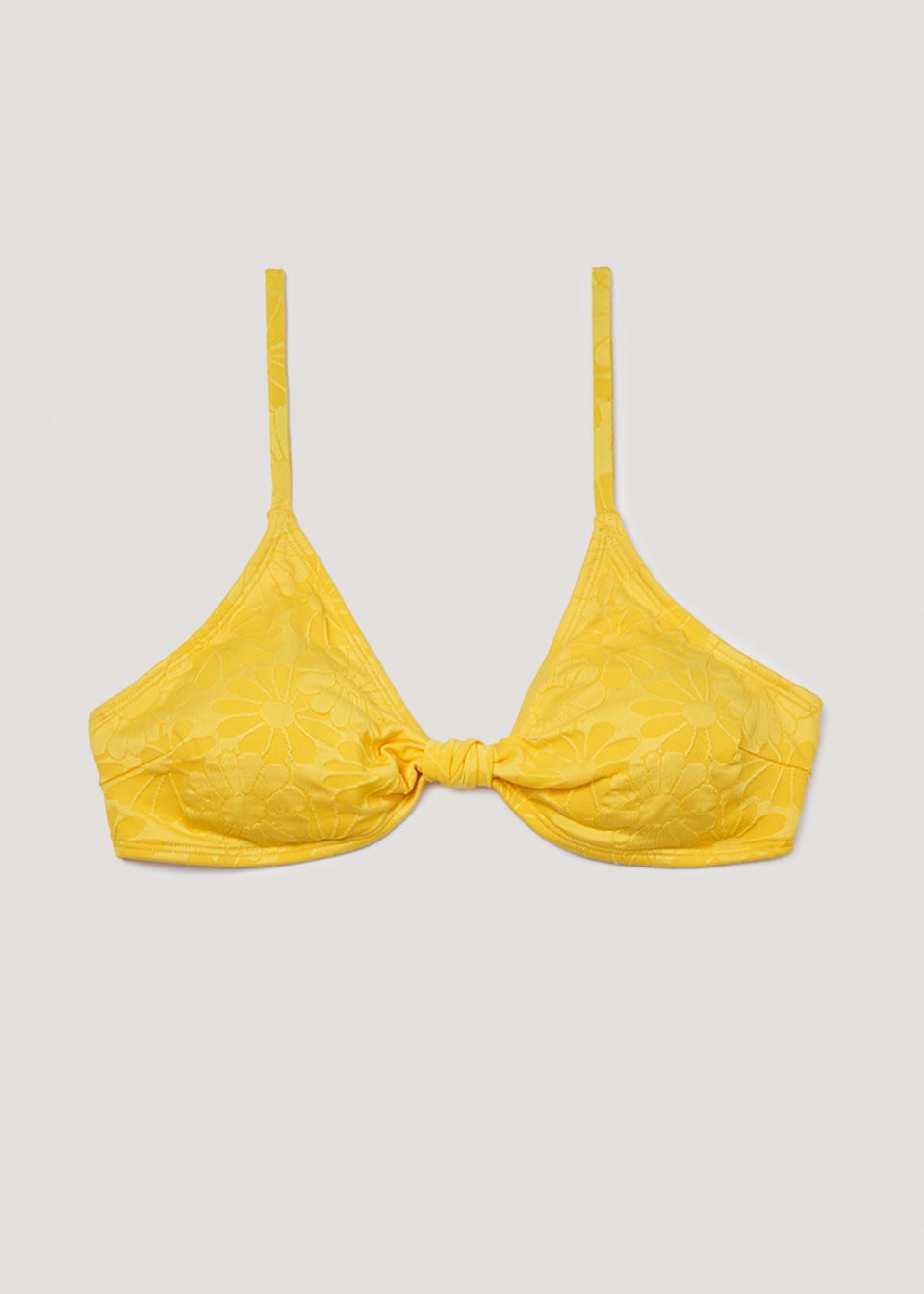 Yellow Knot Triangle Textured Bikini Top