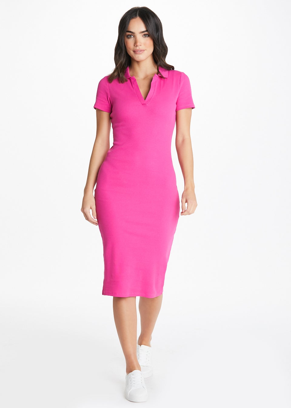 Be Beau Pink Ribbed Collar Midi Dress - Matalan