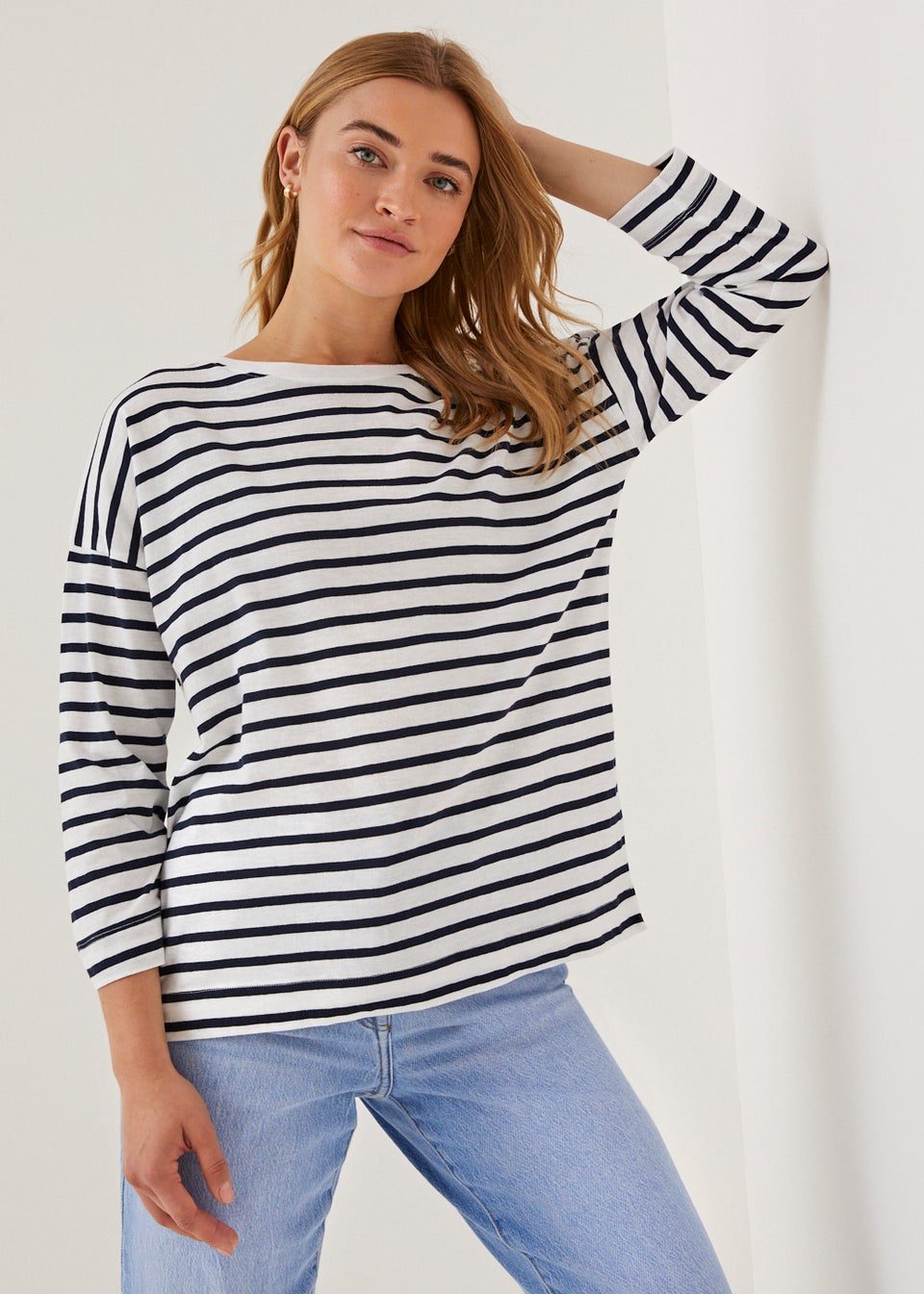 Navy Breton Stripe 3/4 Sleeve T-Shirt