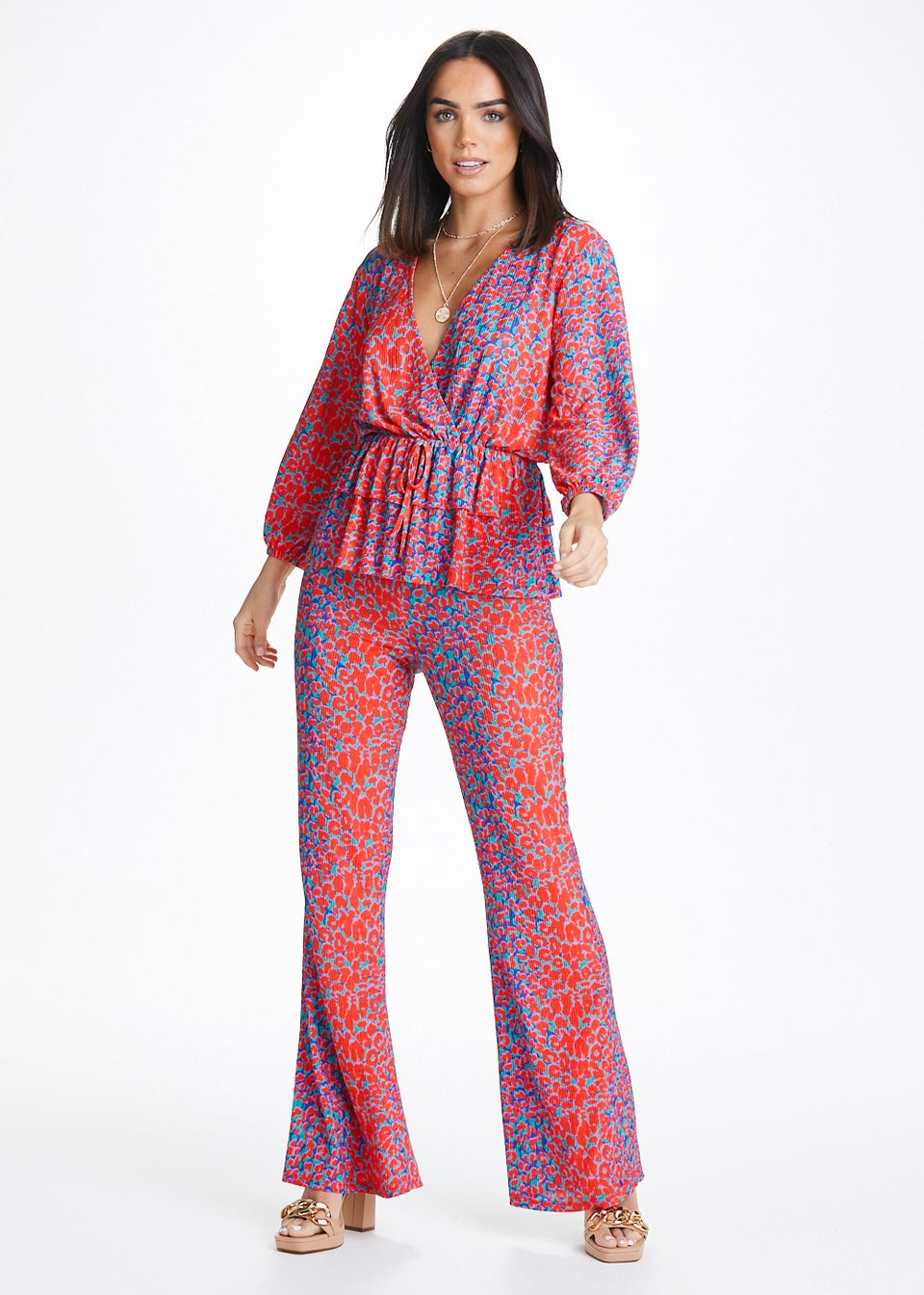 Be Beau Red Animal Print Plisse Co-Ord Trousers
