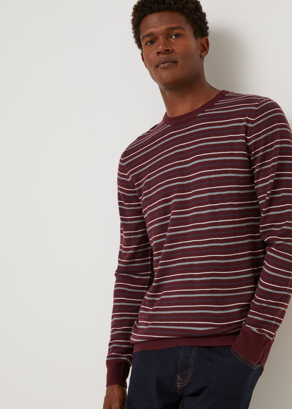 Burgundy Stripe Soft Touch Crew Neck Jumper