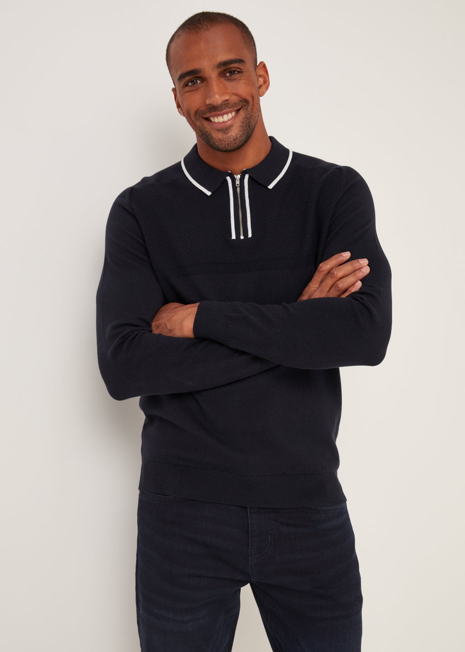 Navy Long Sleeve Zip Polo Shirt - Matalan