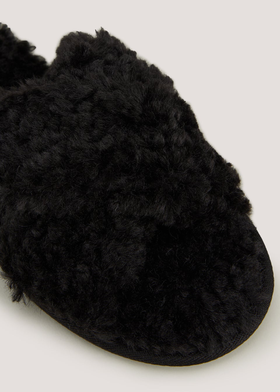 Black Faux Fur Cross Strap Mule Slippers
