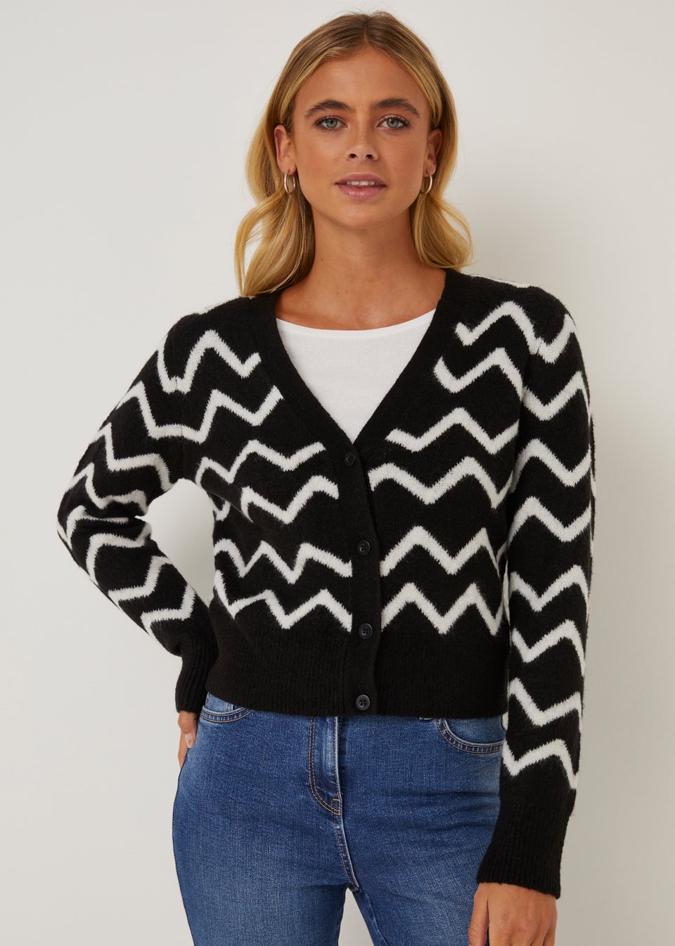 JDY Bonnie Black Zig Zag Cardigan - Matalan