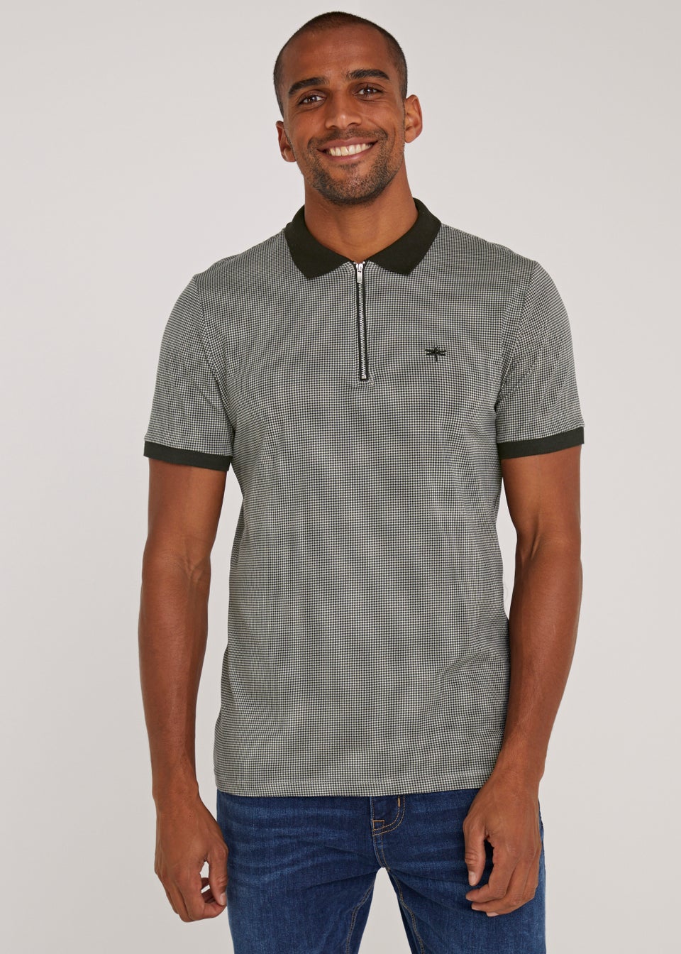 Grey Houndstooth Print Polo Shirt