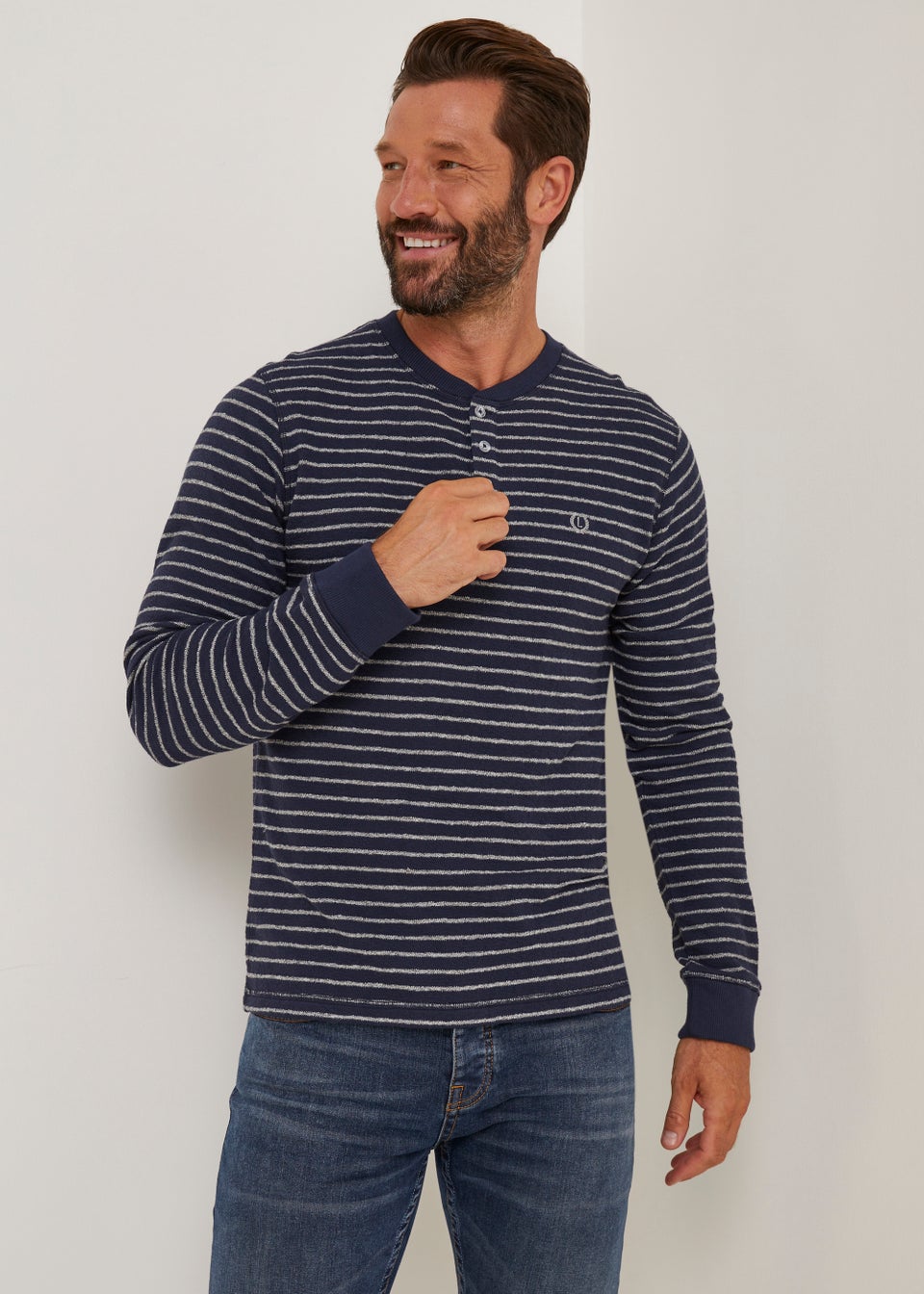 Lincoln Navy Stripe Textured Grandad Collar T Shirt Matalan