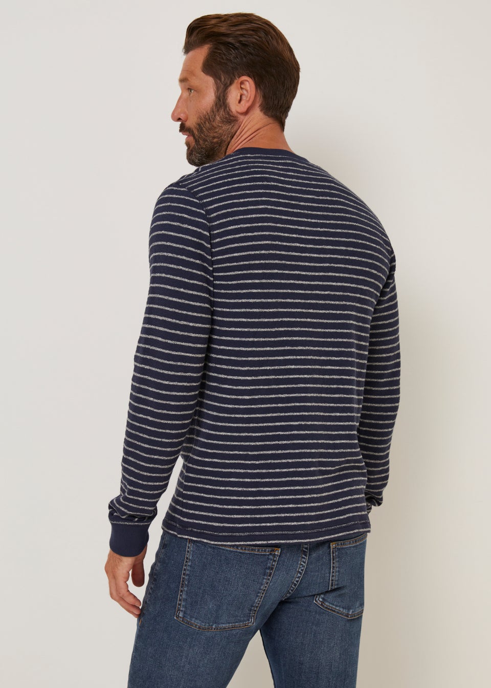 Lincoln Navy Stripe Textured Grandad Collar T-Shirt