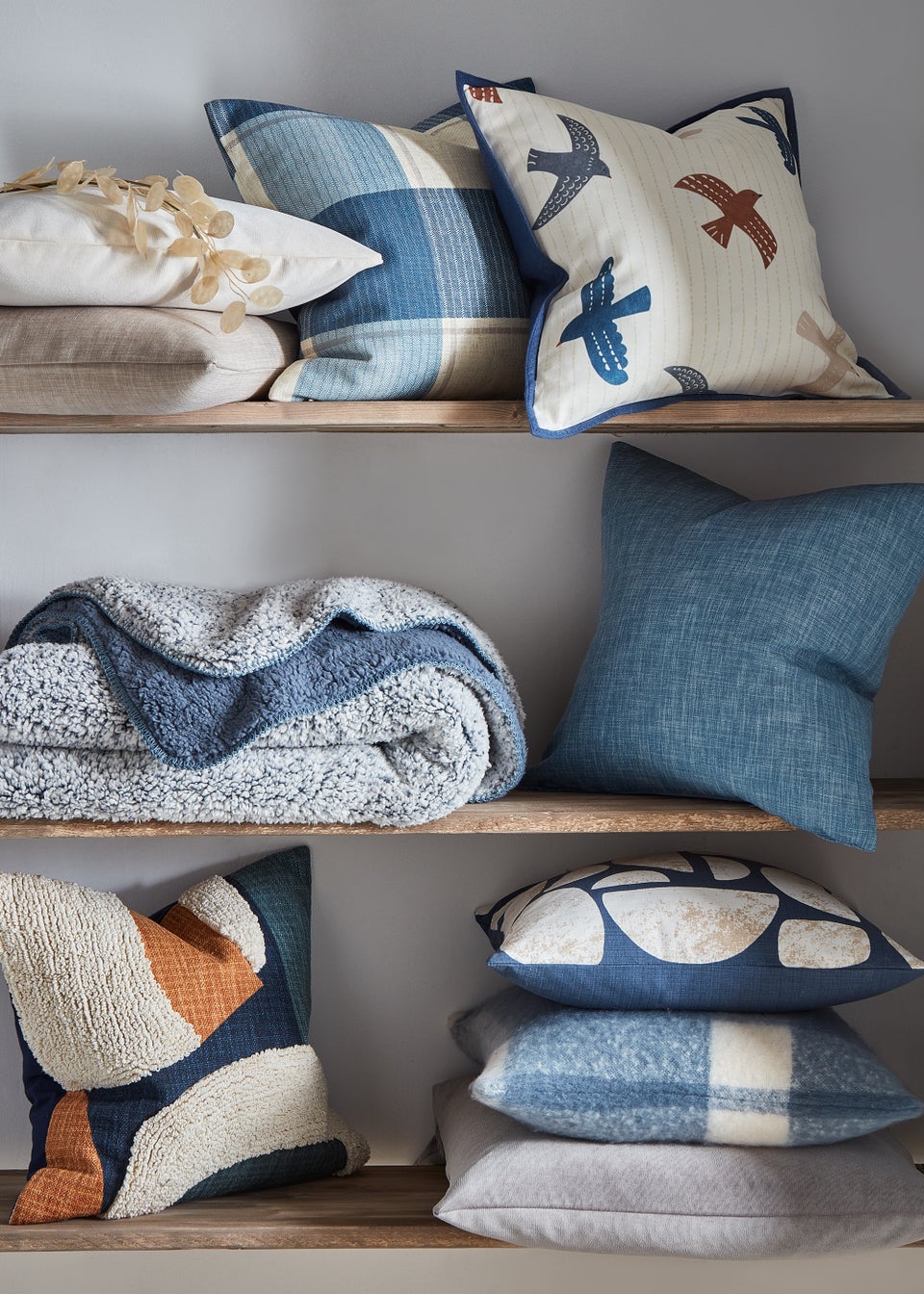 Blue Check Faux Mohair Cushion 43cm x 43cm Matalan