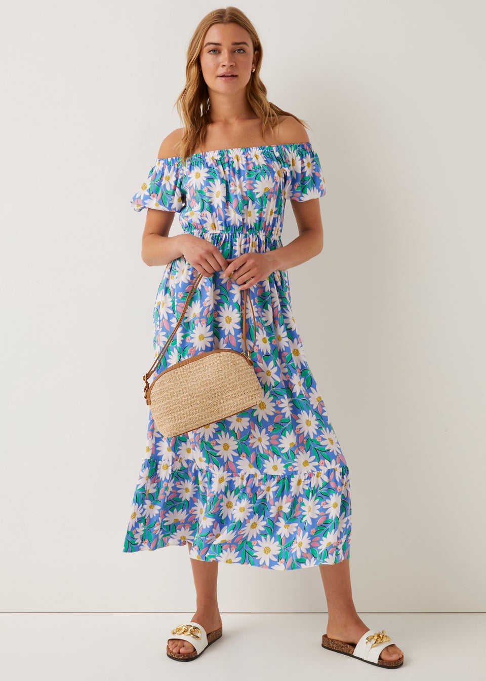 Blue Floral Bardot Midi Dress