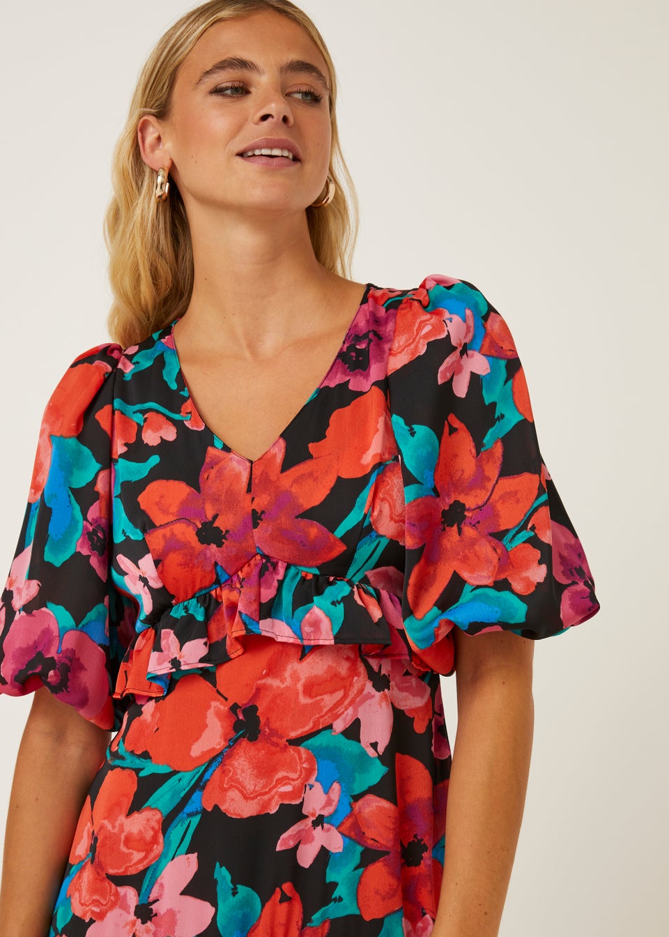 Be Beau Floral Ruffle Midi Dress