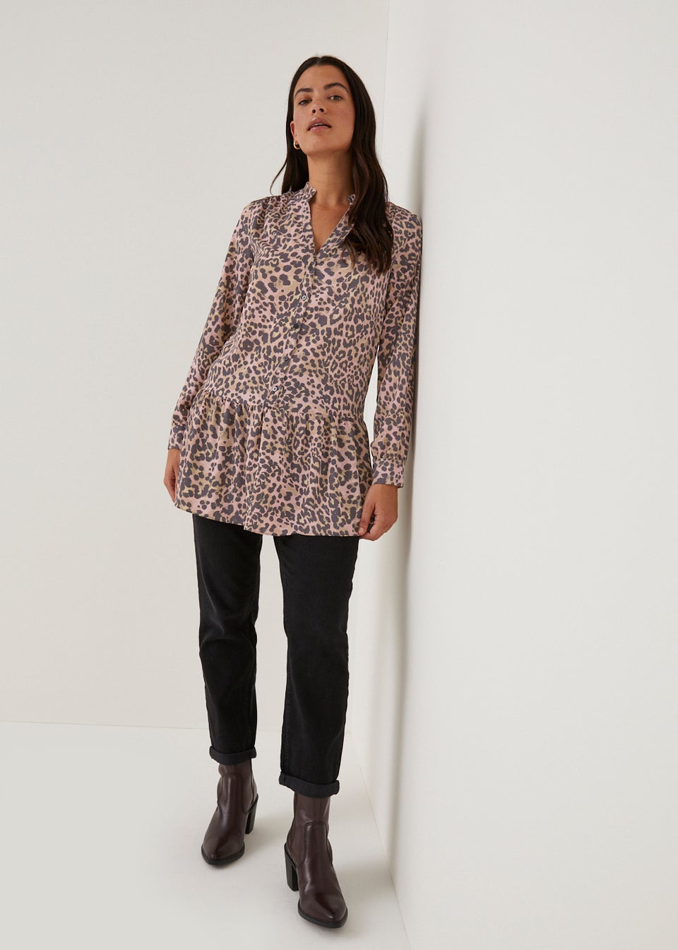Animal Print Peplum Hem Longline Shirt