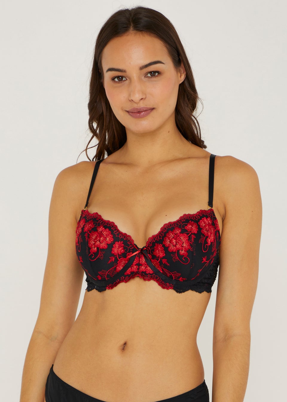 Black & Red Floral Embroidered Bra - Matalan