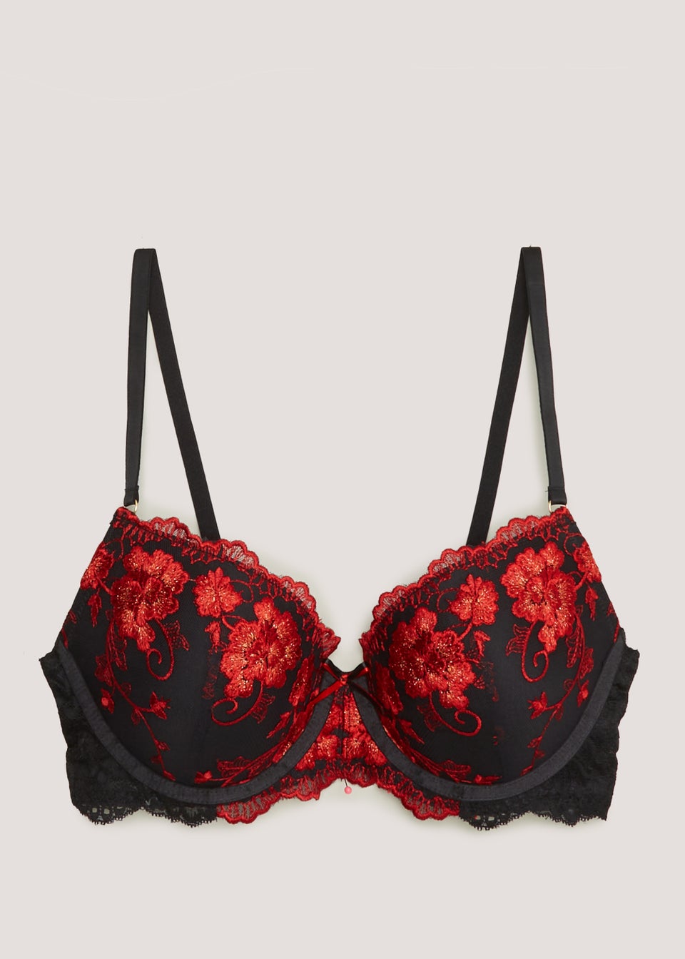 Black & Red Floral Embroidered Bra - Matalan