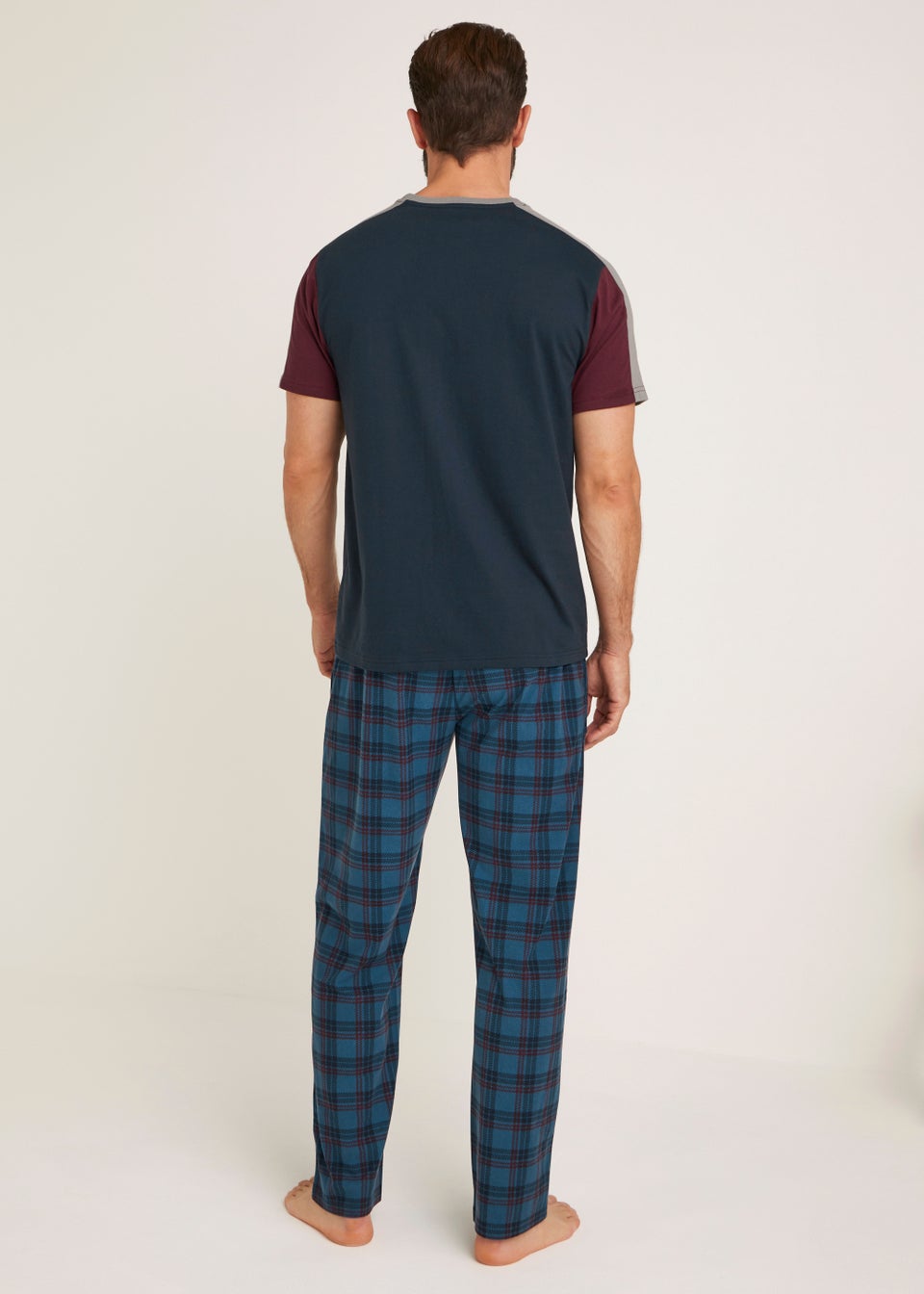 Navy Colour Block Fleece Long Pyjama Set