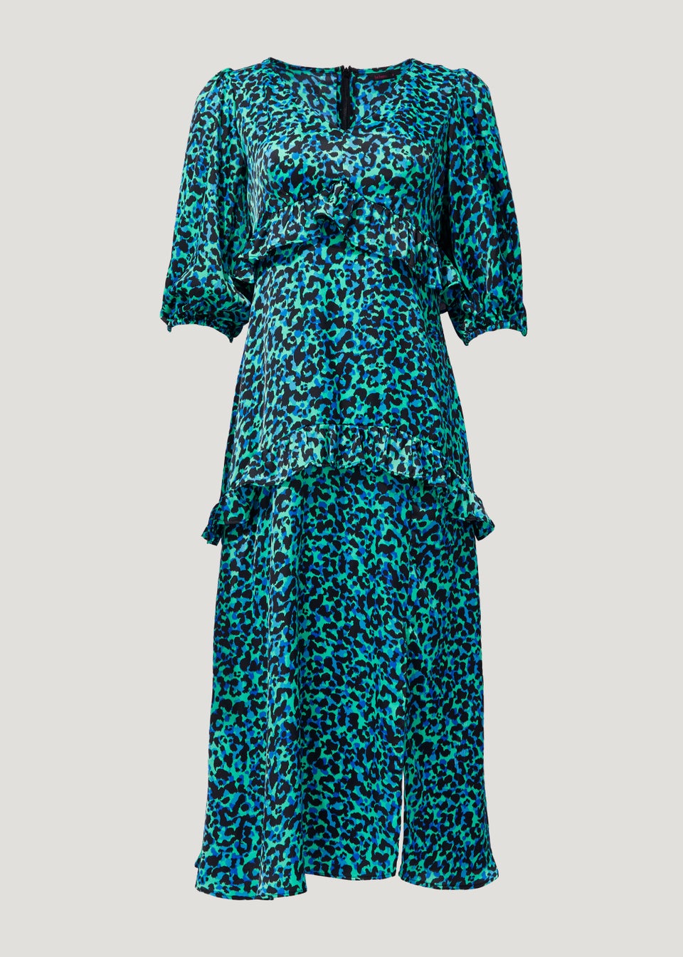 Be Beau Blue Leopard Print Ruffle Midi Dress