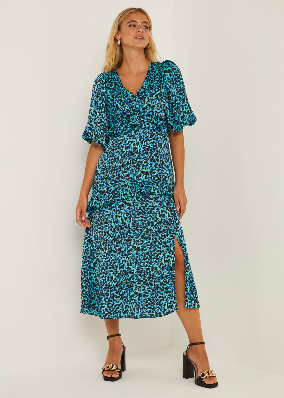 Be Beau Blue Leopard Print Ruffle Midi Dress Matalan