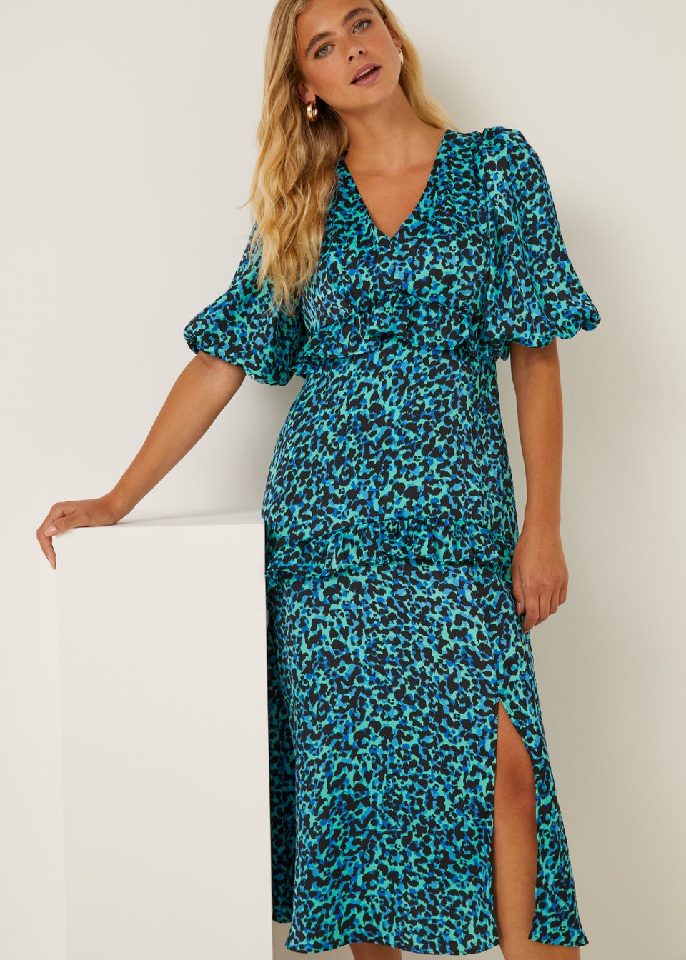 Be Beau Blue Leopard Print Ruffle Midi Dress