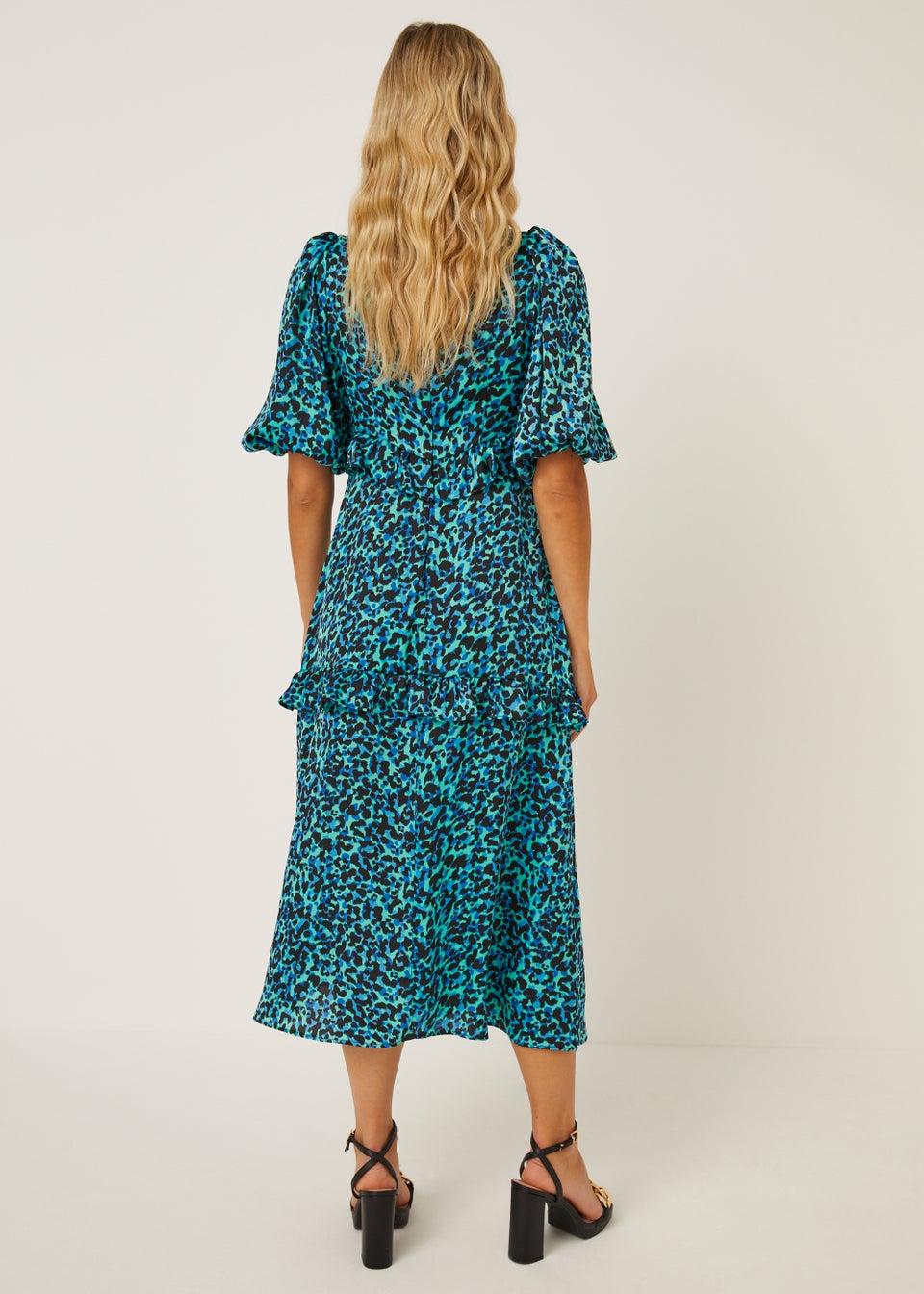 Be Beau Blue Leopard Print Ruffle Midi Dress Matalan
