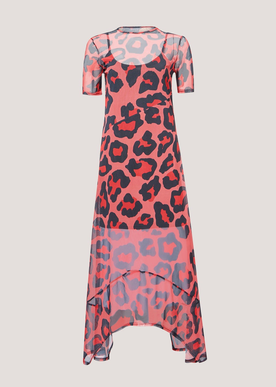 Be Beau Coral Animal Print Mesh Midi Dress