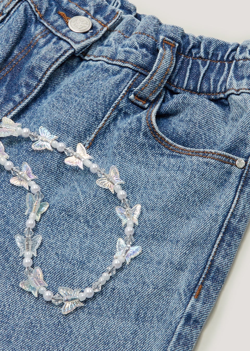 Girls Blue Paperbag Waist Jeans & Necklace Set (4-13yrs)