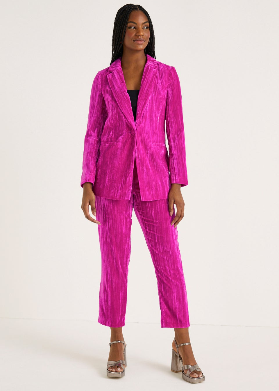 Pink velvet trouser suit top