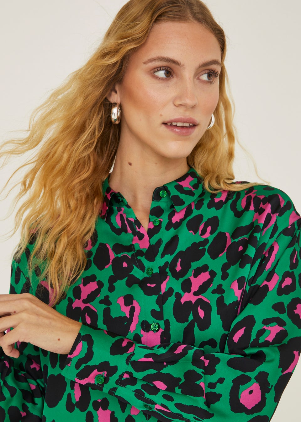Be Beau Green Leopard Print Satin Shirt