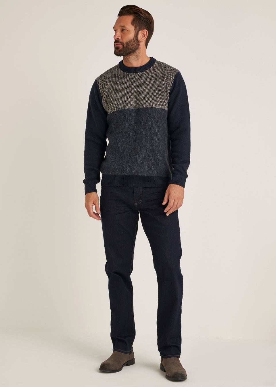 Navy Colour Block Crew Neck Jumper
