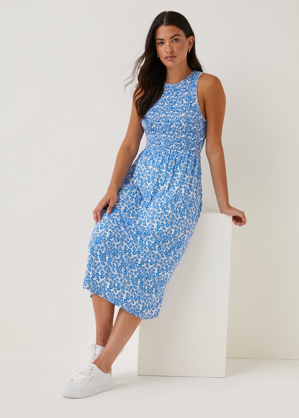 Blue Floral Shirred Midi Dress